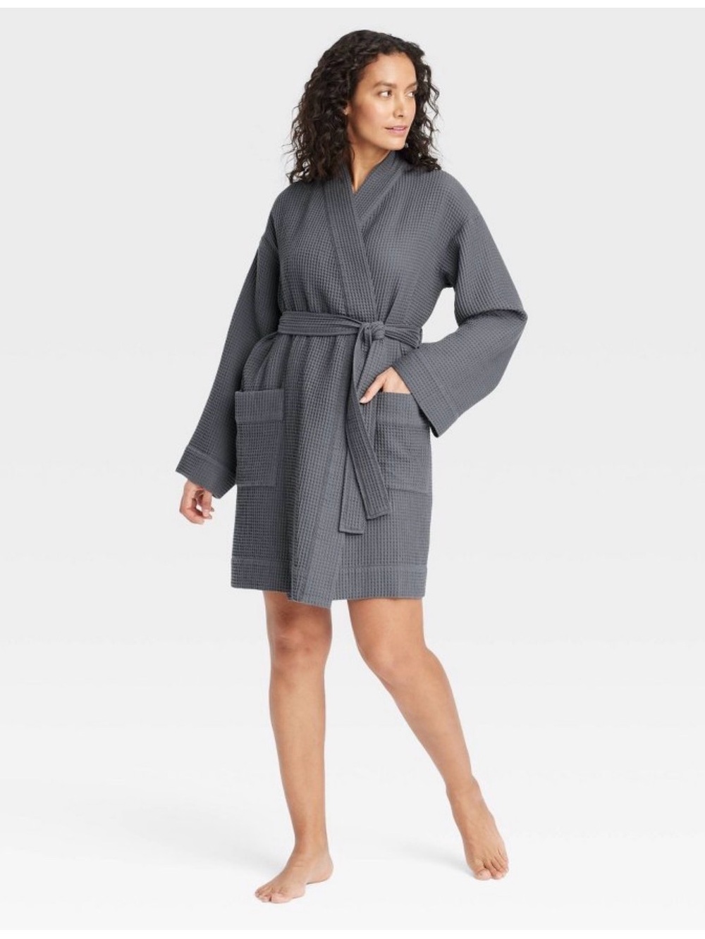 Auden Waffle-Knit Short Robe in Gray
